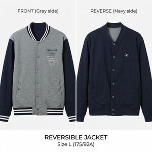 Chevignon Bomber Jacket Large Gray Navy Blue Reversible Snap Front Varsity